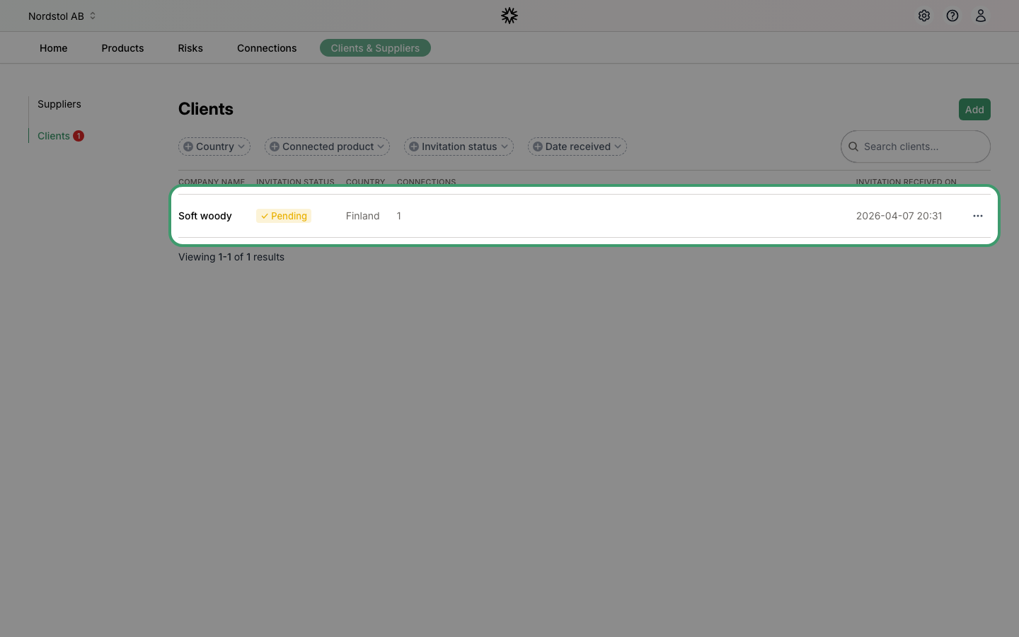 Clients page with pending invitation