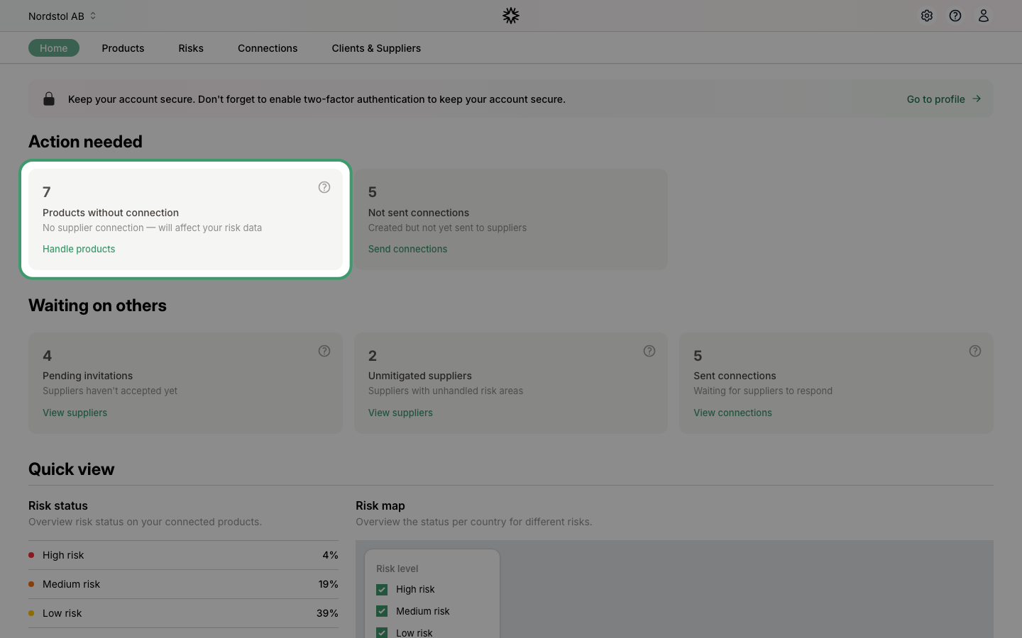 Products without connection on the dashboard
