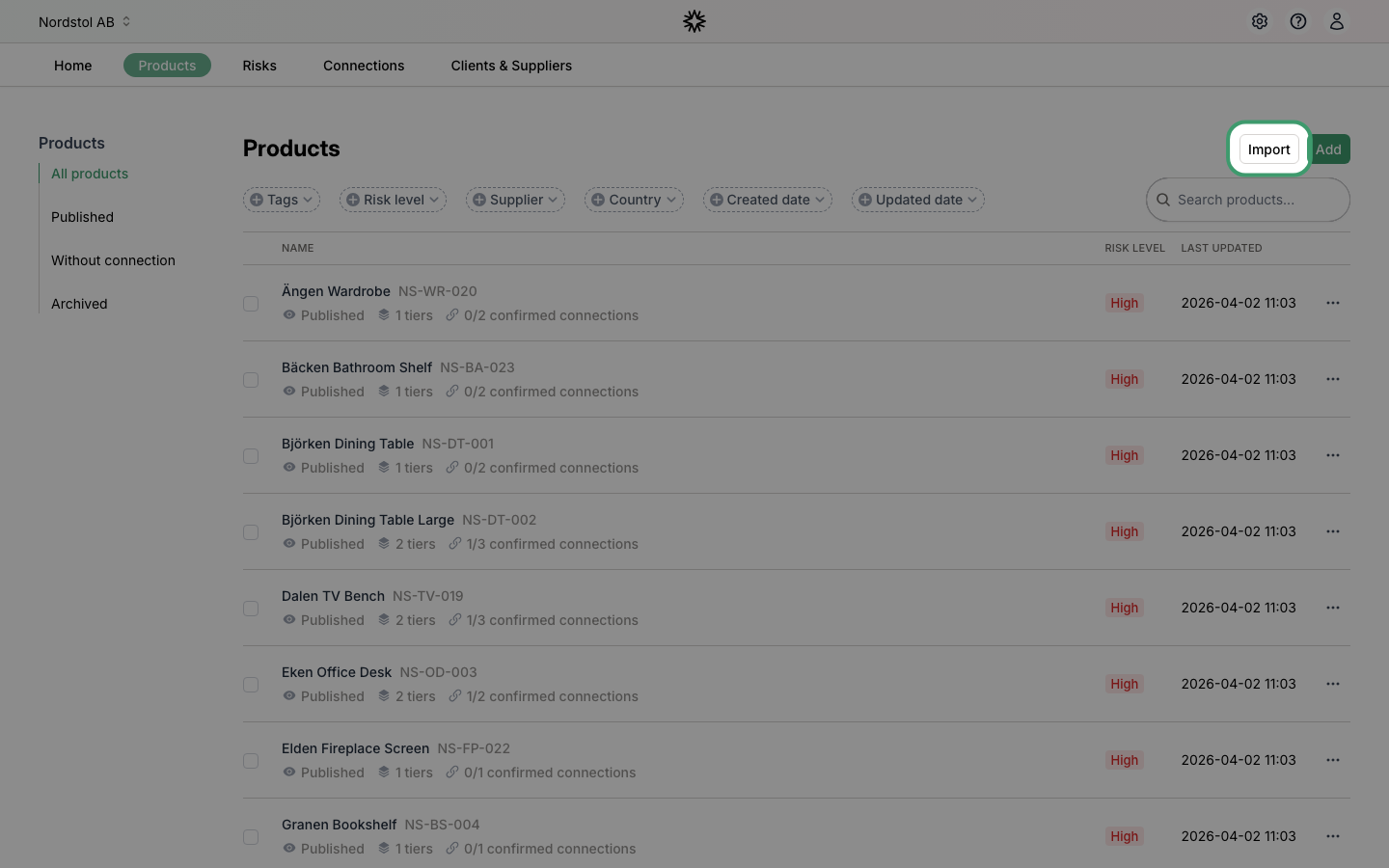 Navigate to Products and click Import