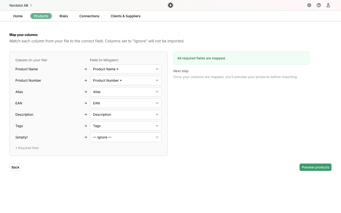 Map your columns to Mitigater fields
