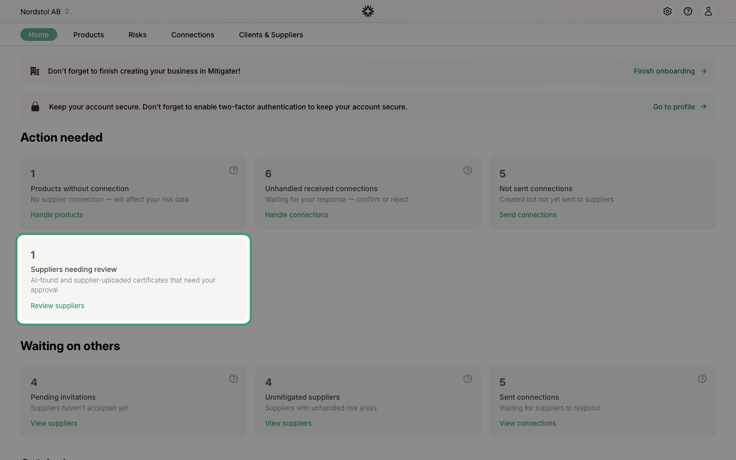 Dashboard with Suppliers needing review card highlighted