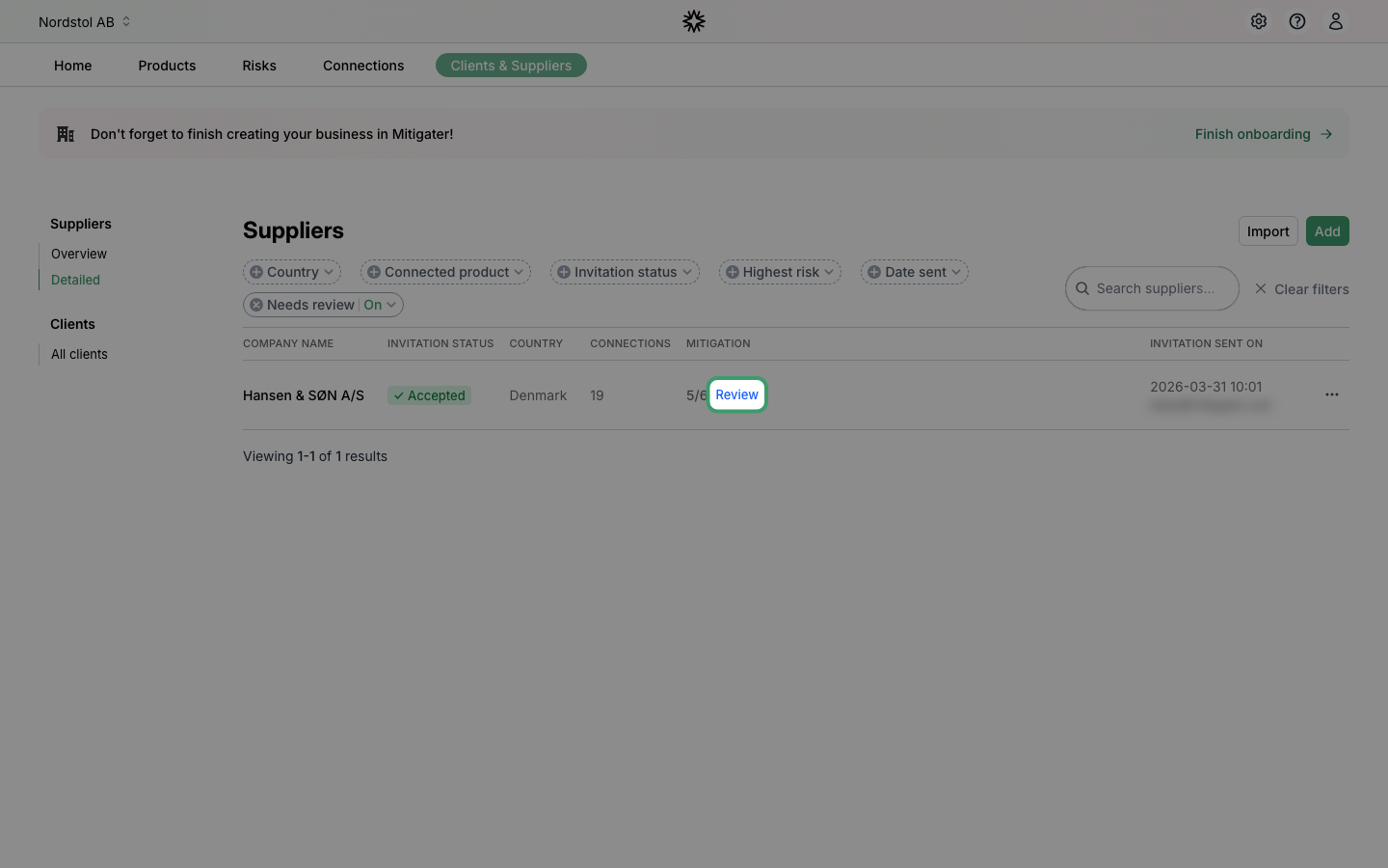 Suppliers list filtered by Needs review with Review link highlighted