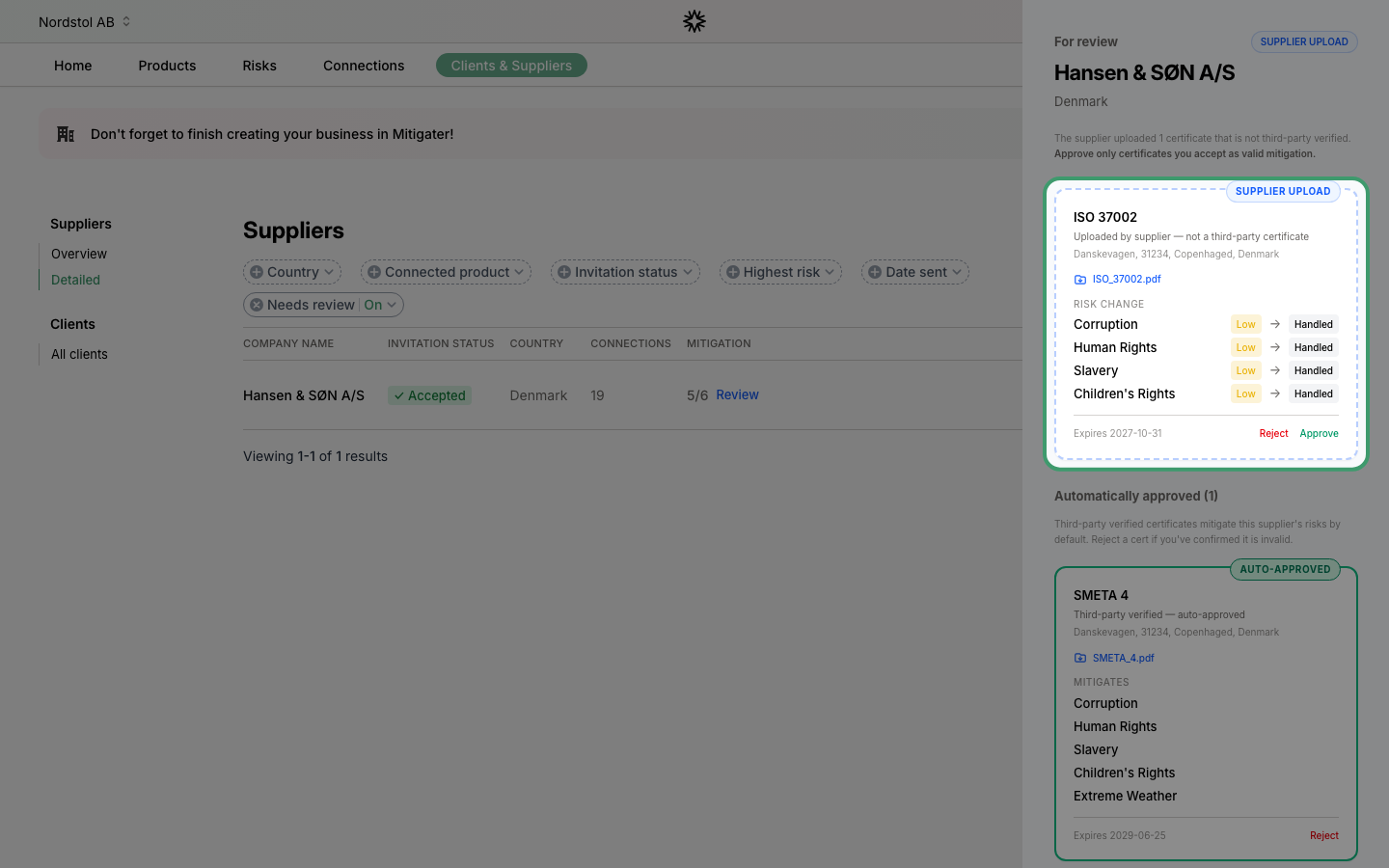Review slideover with supplier-uploaded certificate highlighted