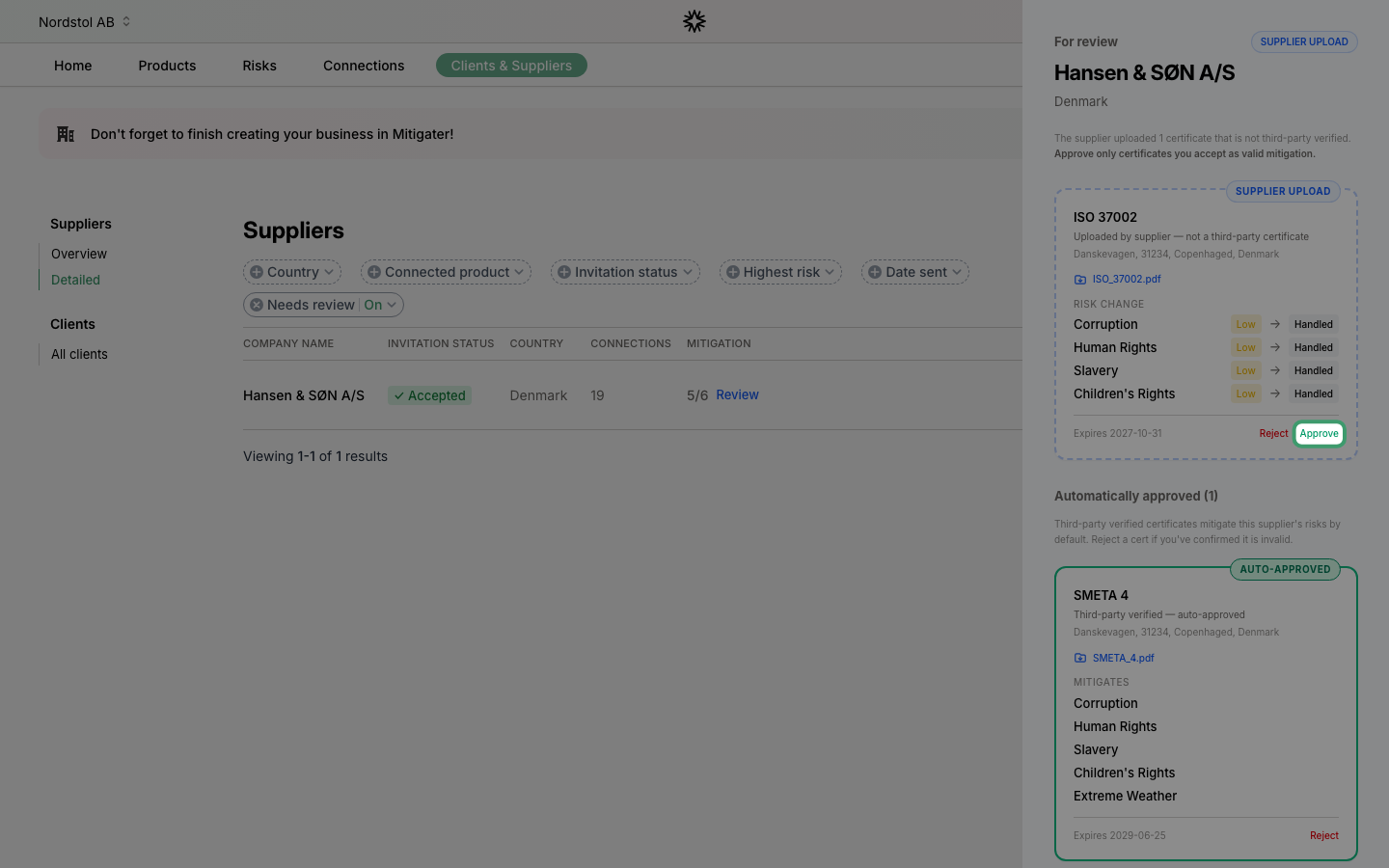 Approve button on the supplier-uploaded certificate