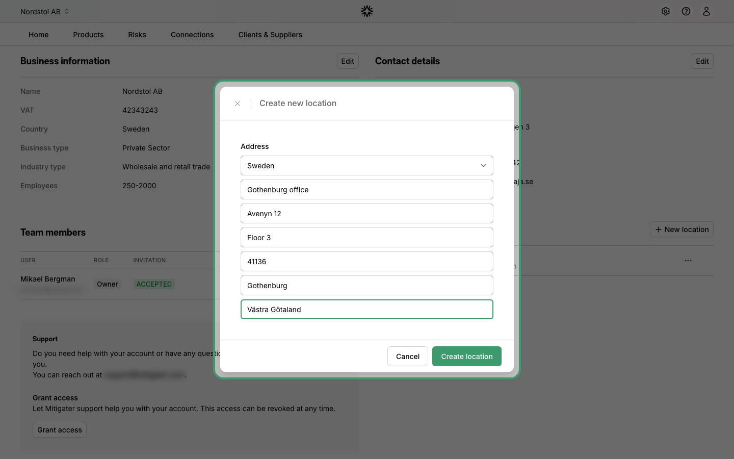 Create new location form filled in