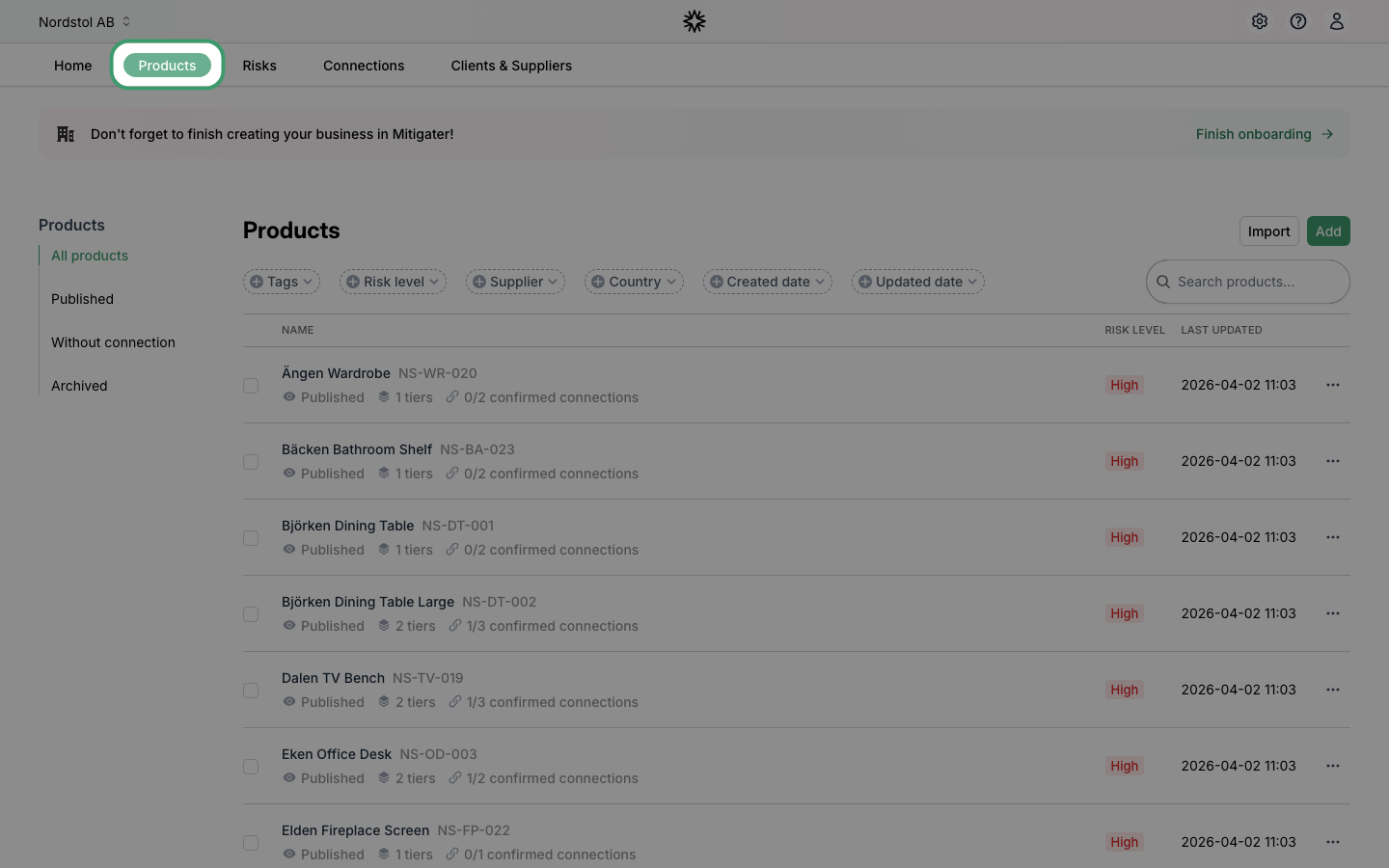 Products page in the navigation bar