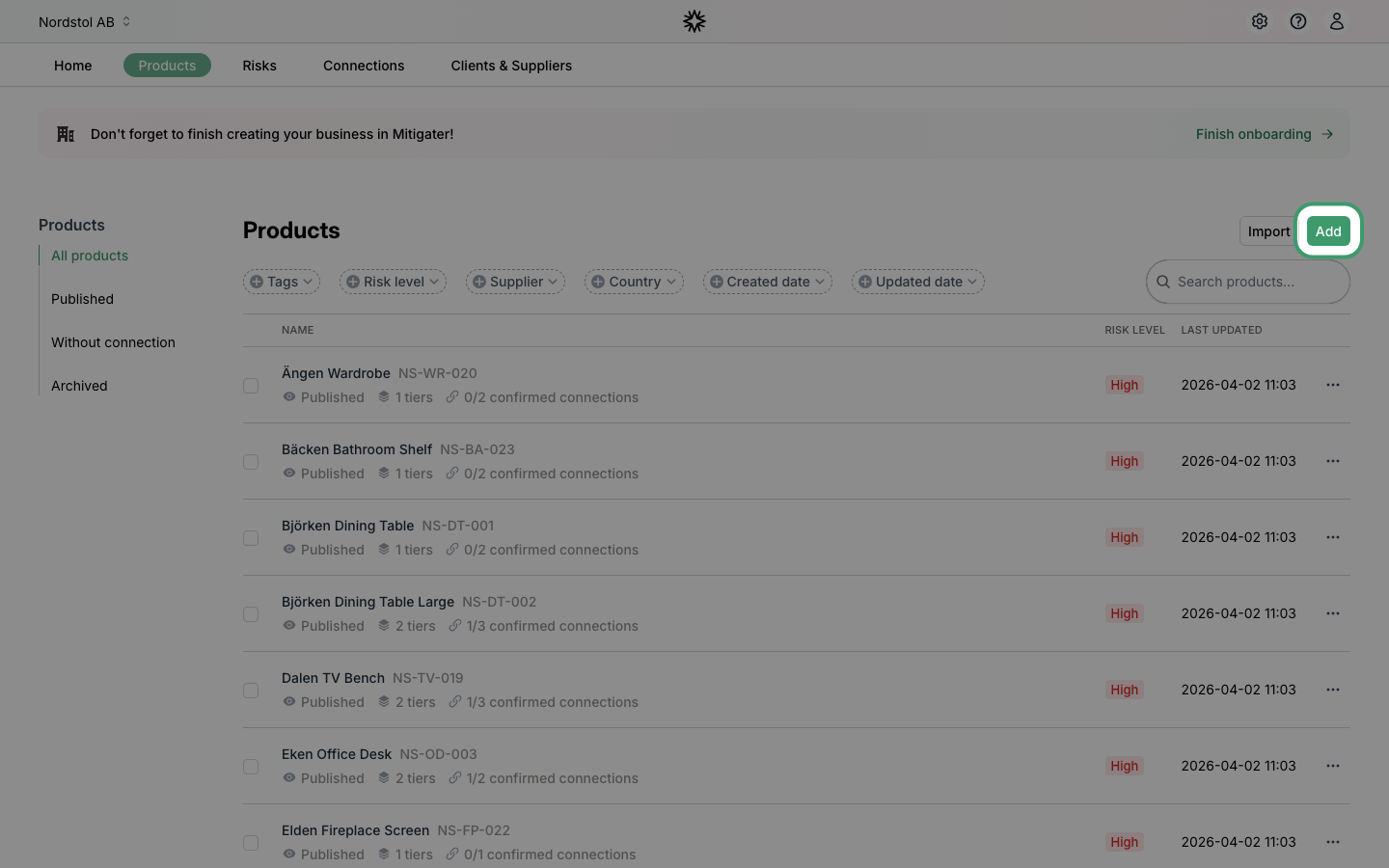 Add button on the Products page