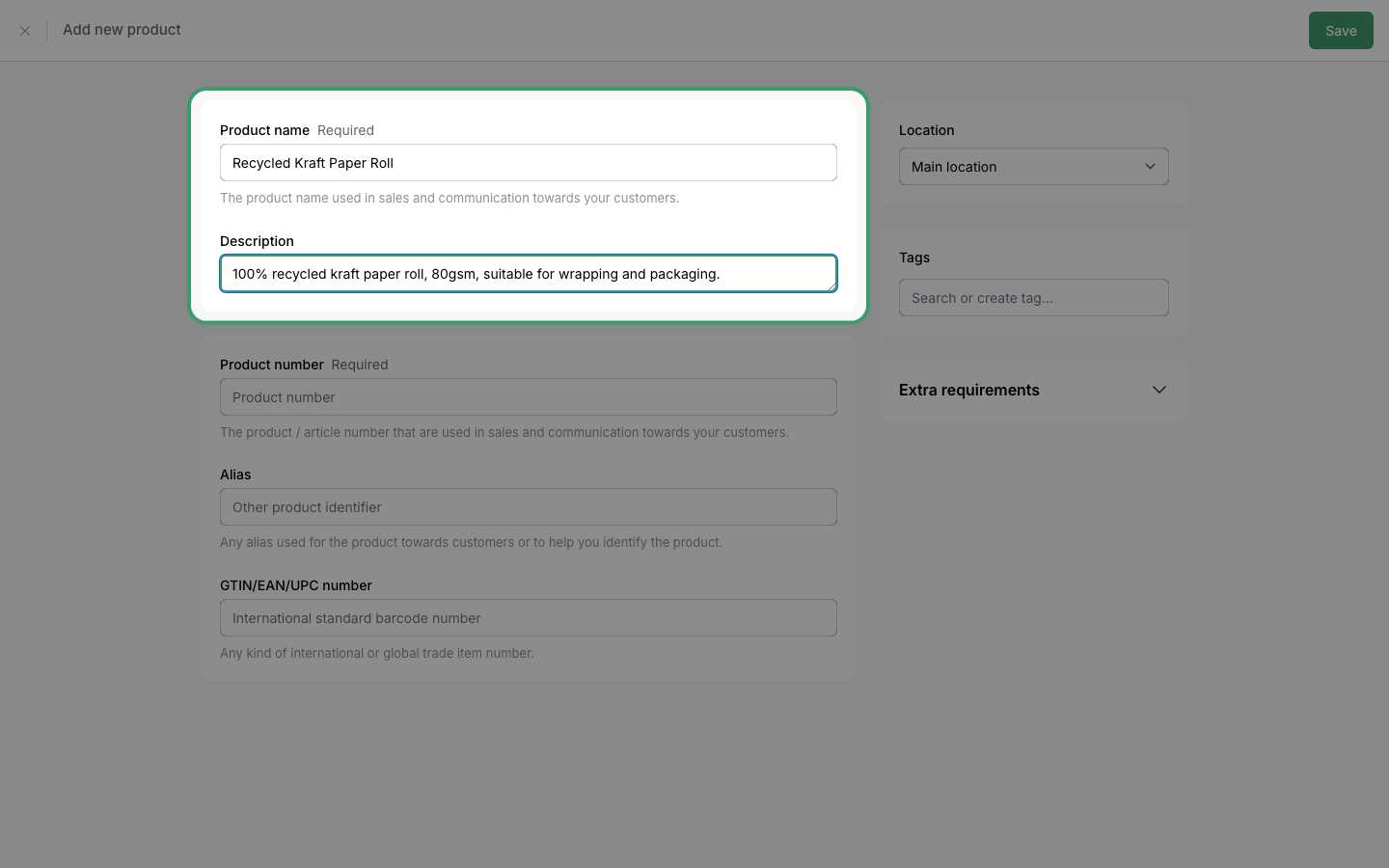 Product name and description fields