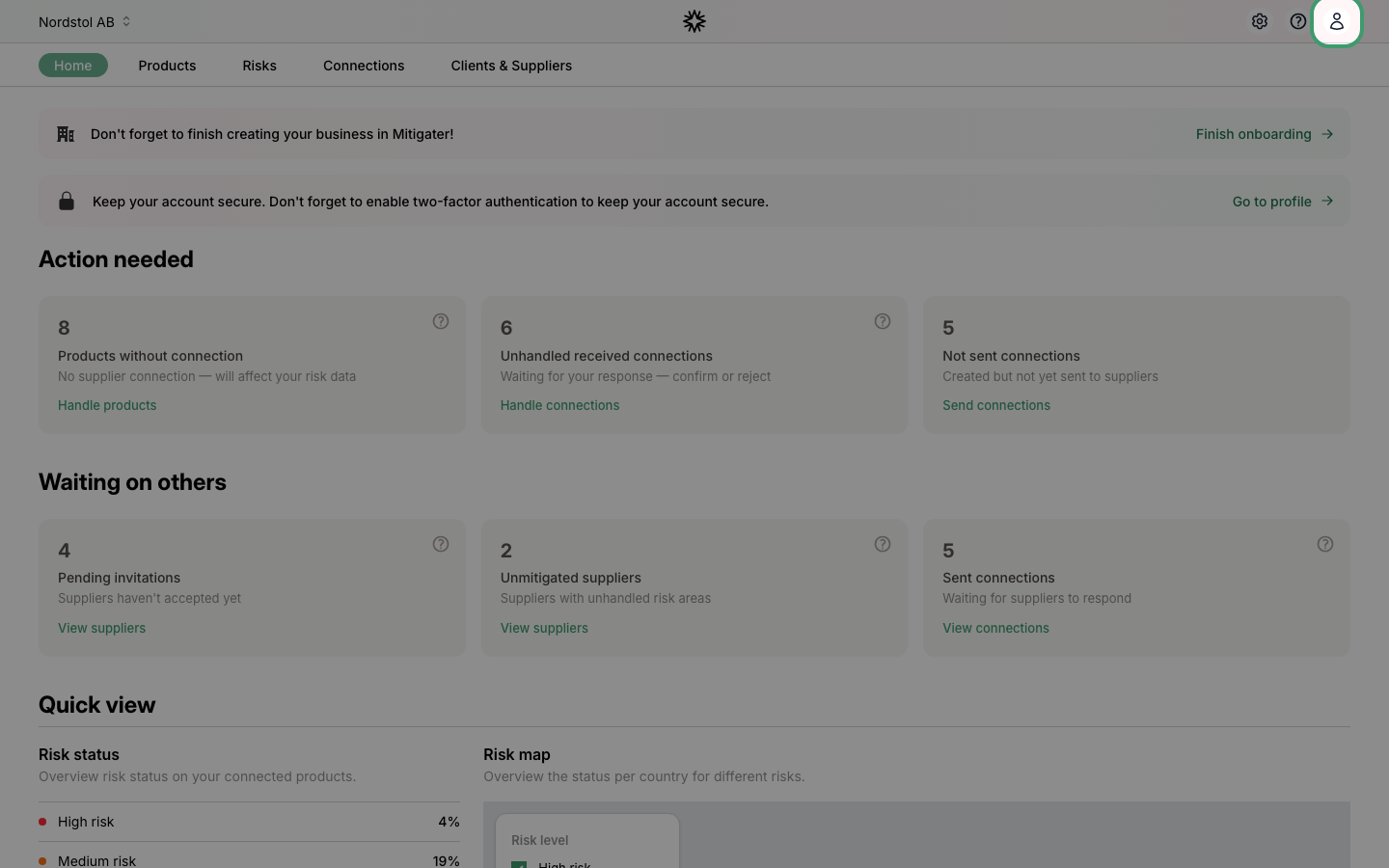 User icon in the top-right navigation