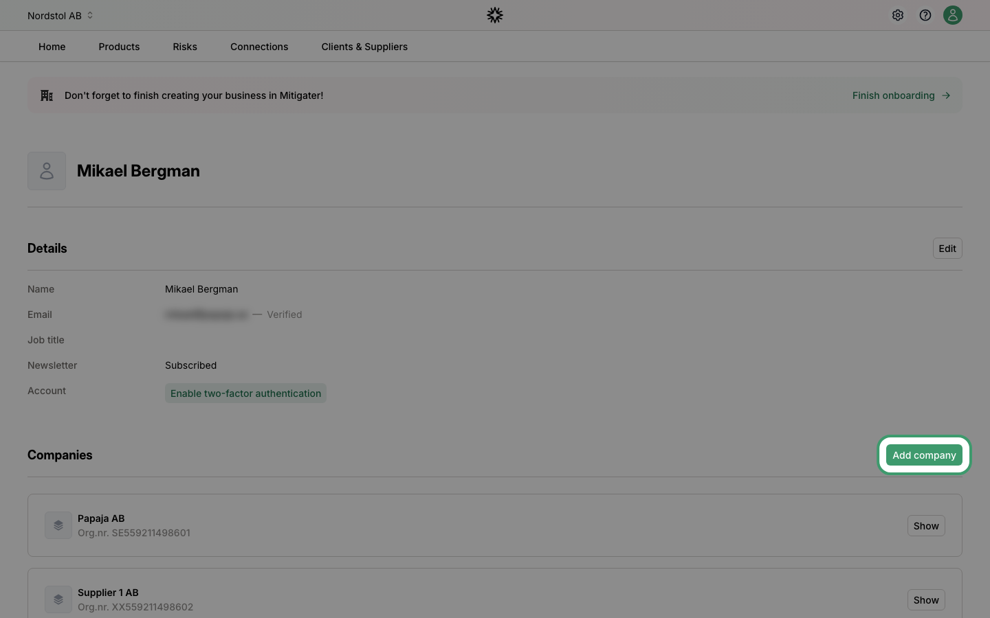 Add company button in the Companies section