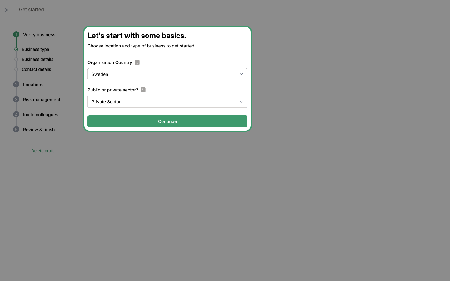 Business type form with country and sector selection