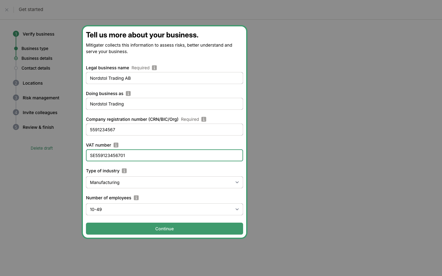 Business details form with company information