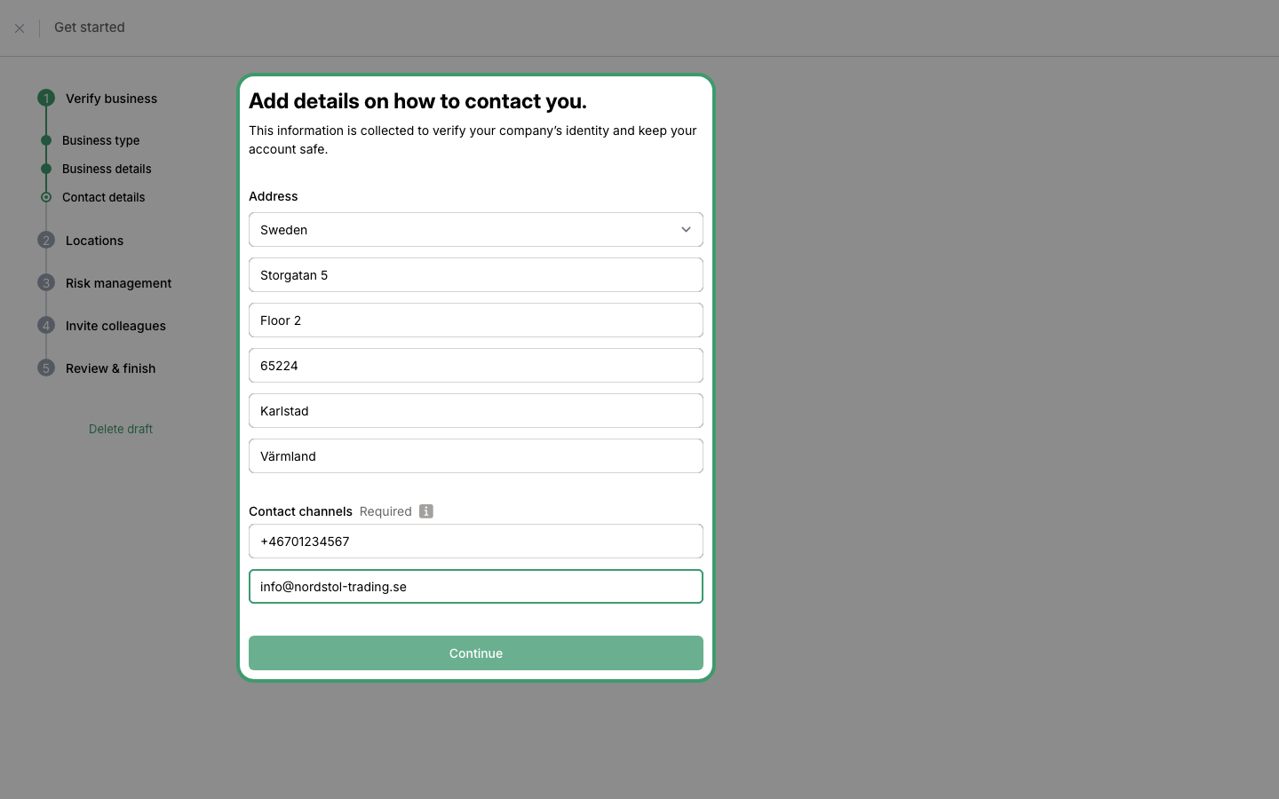 Contact details form with address and phone