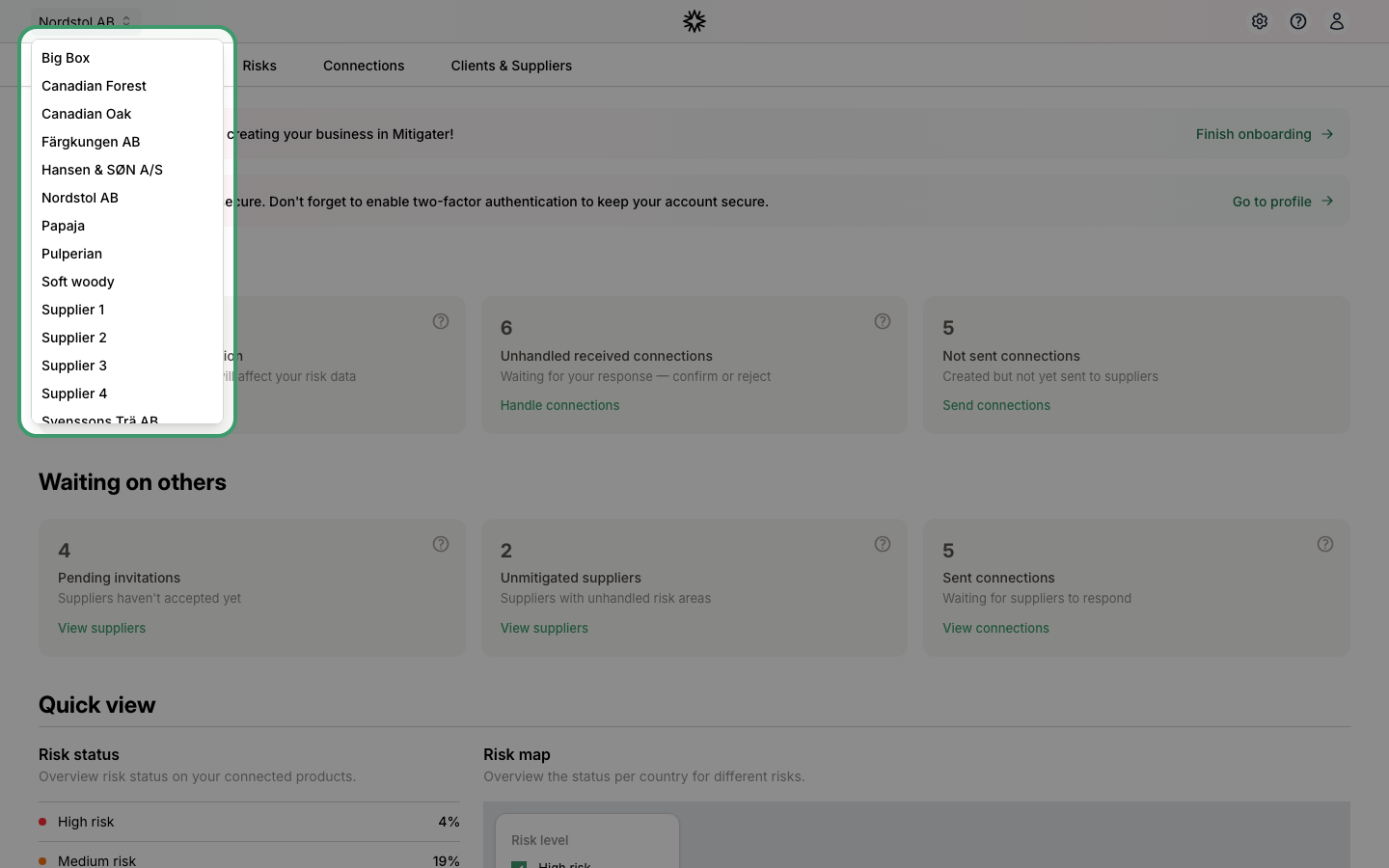 Company picker dropdown in the top-left navigation