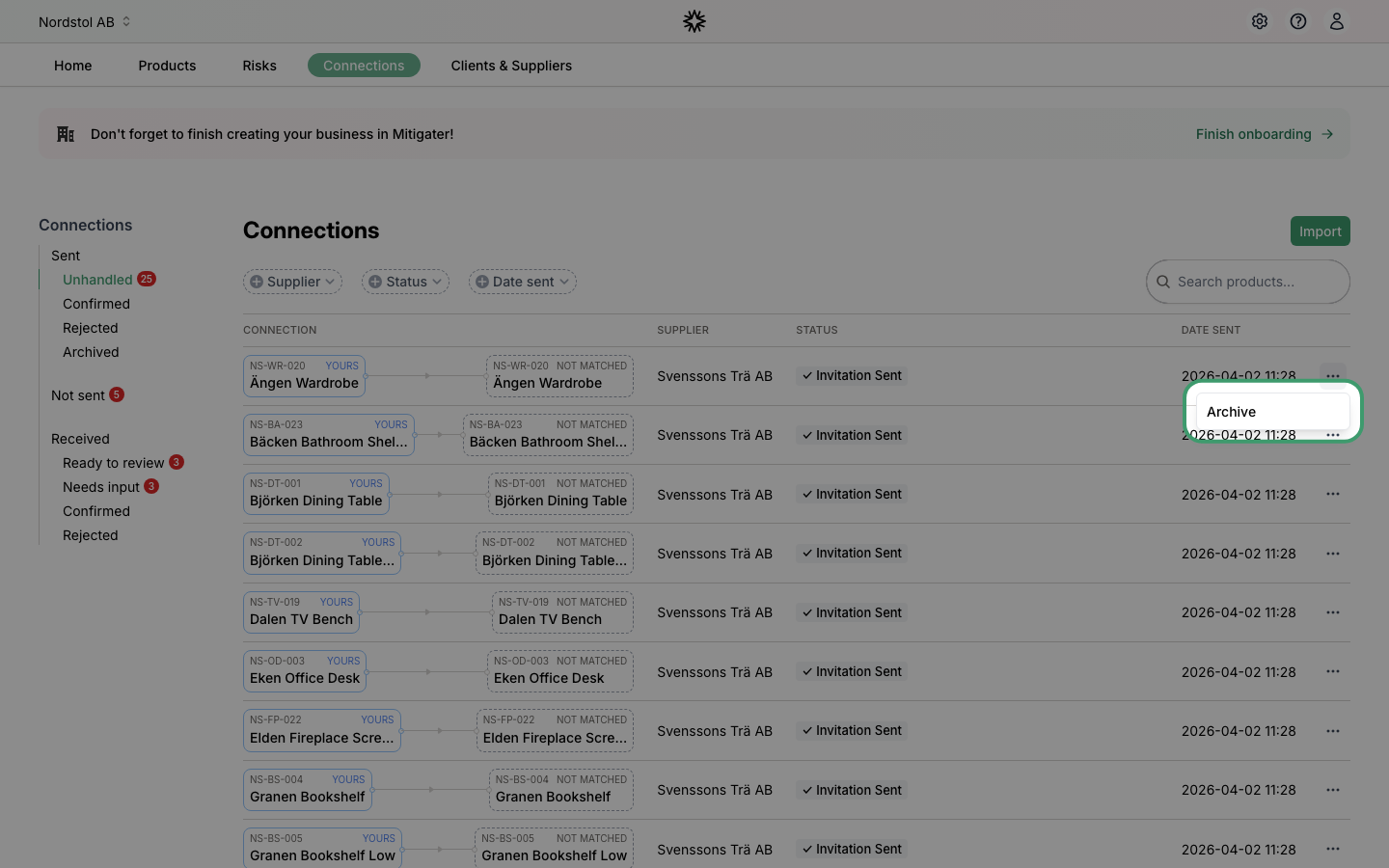 Actions dropdown menu for a connection