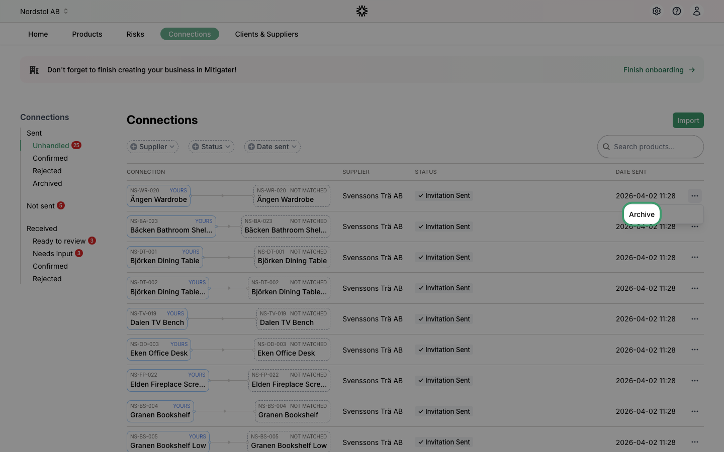 Archive option highlighted in the dropdown menu