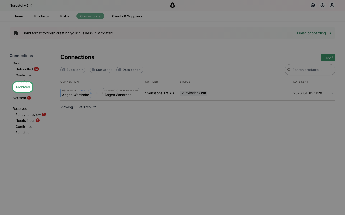 Archived sidebar filter showing the archived connection