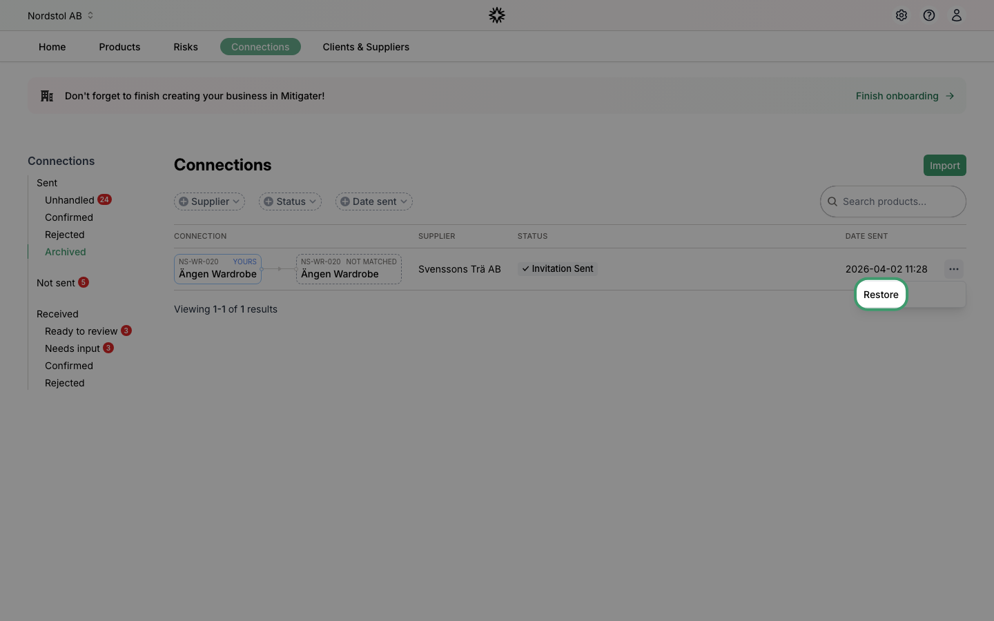 Restore option in the dropdown menu for an archived connection