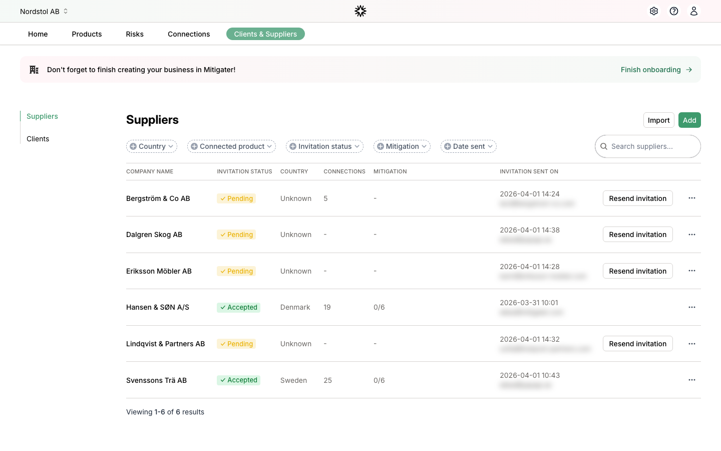 Suppliers list on the Clients and Suppliers page