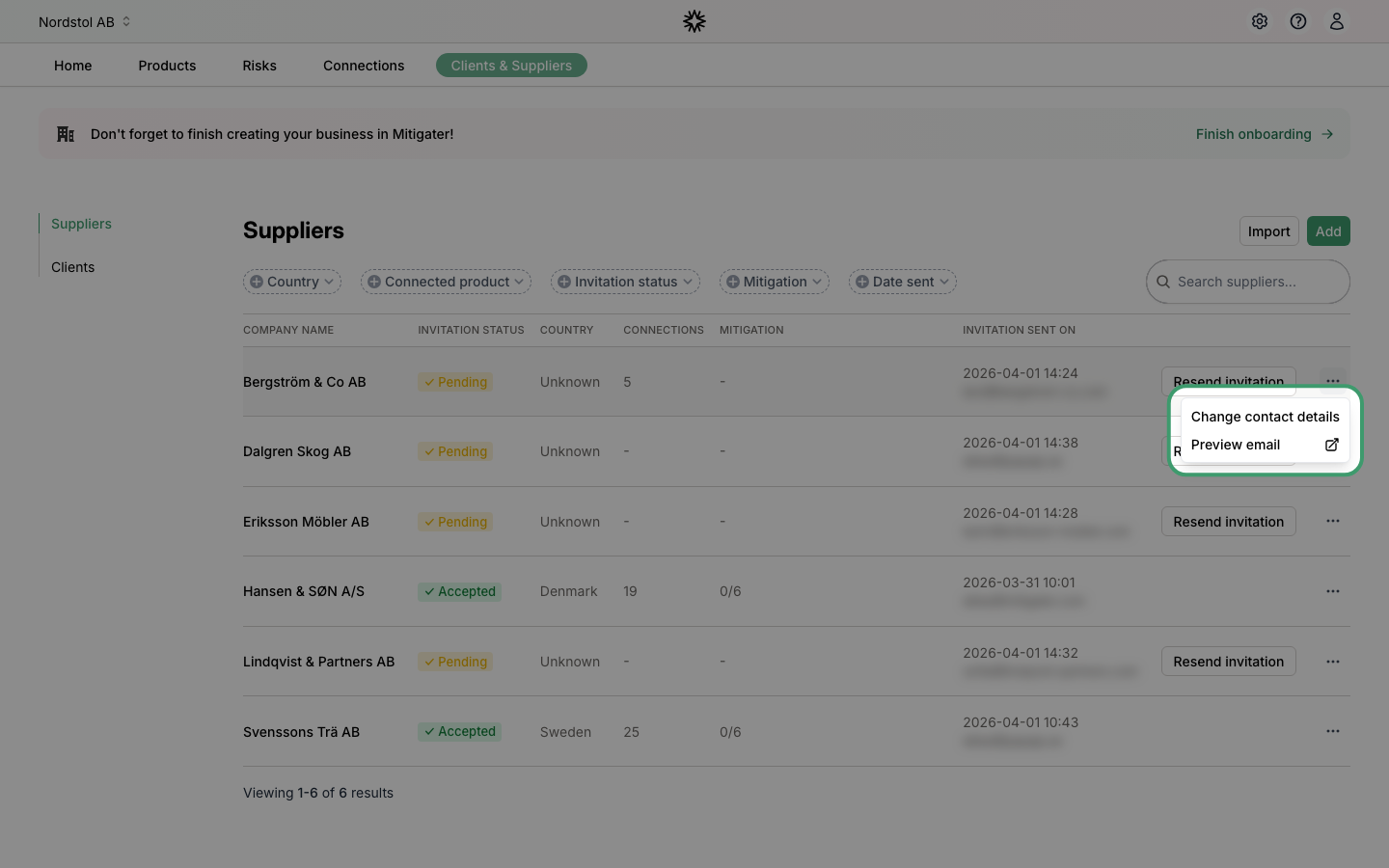 Actions dropdown menu for a supplier