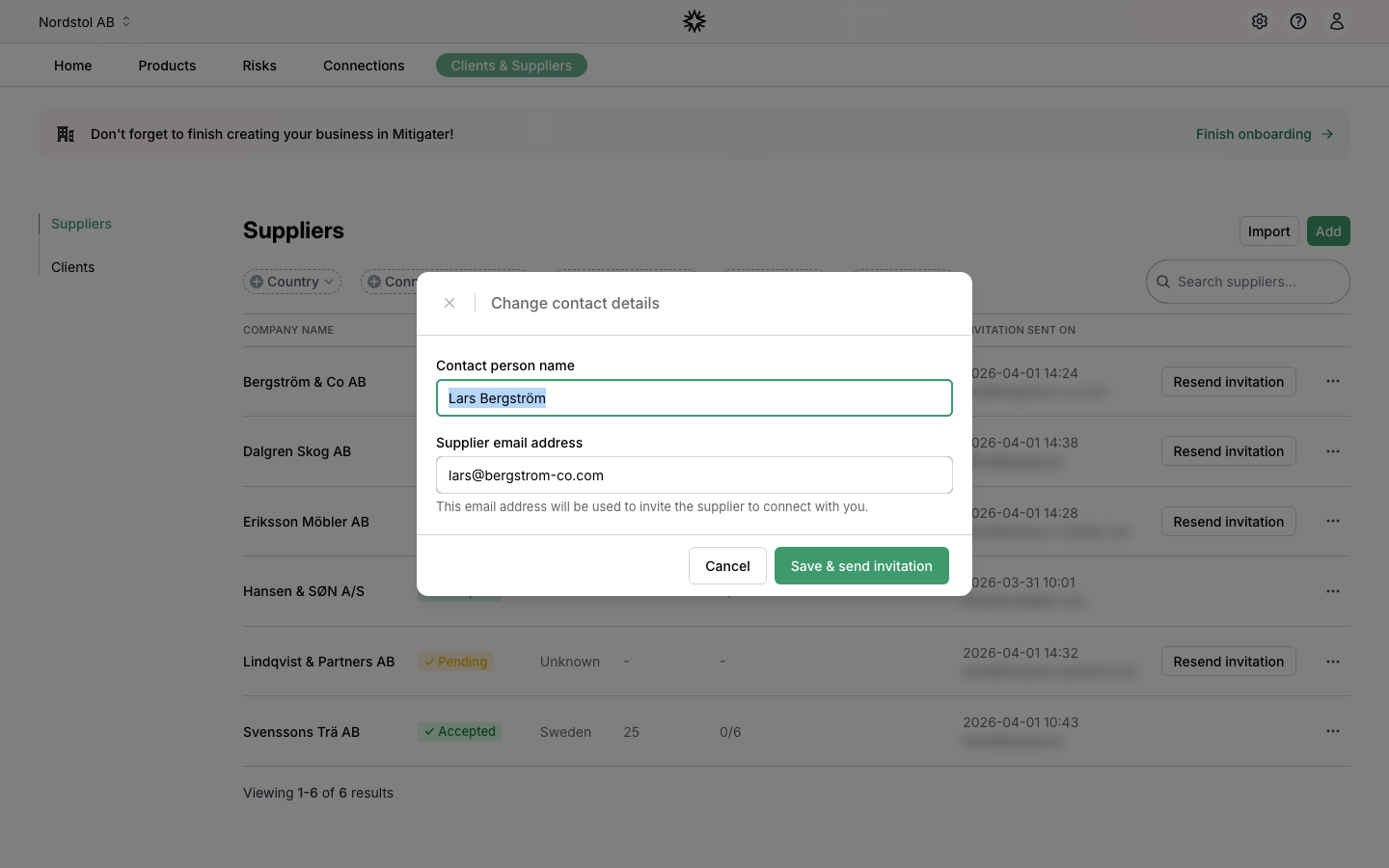 Change contact details modal with current name and email