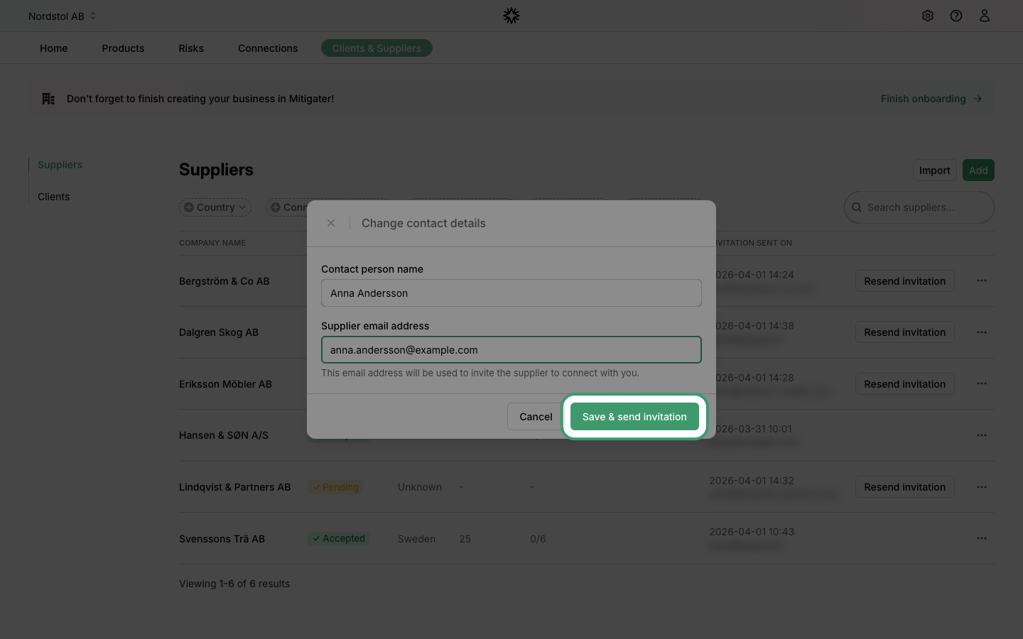 Save and send invitation button highlighted