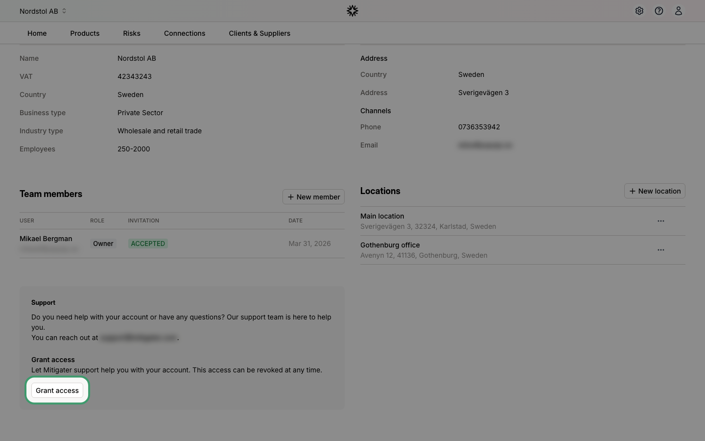 Grant access button in the Support section