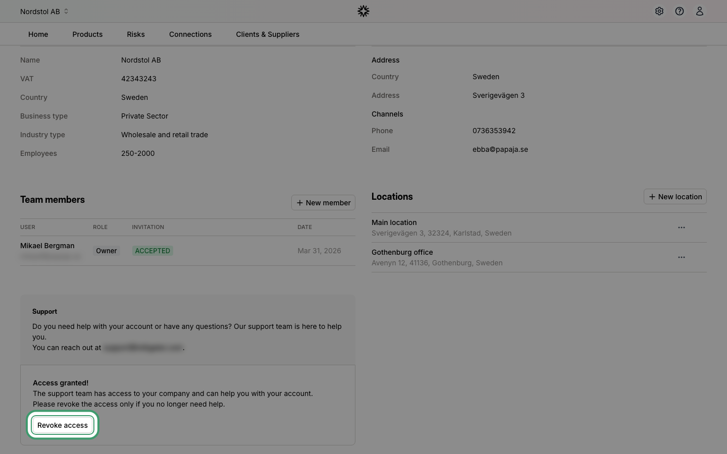 Revoke access button after granting support access