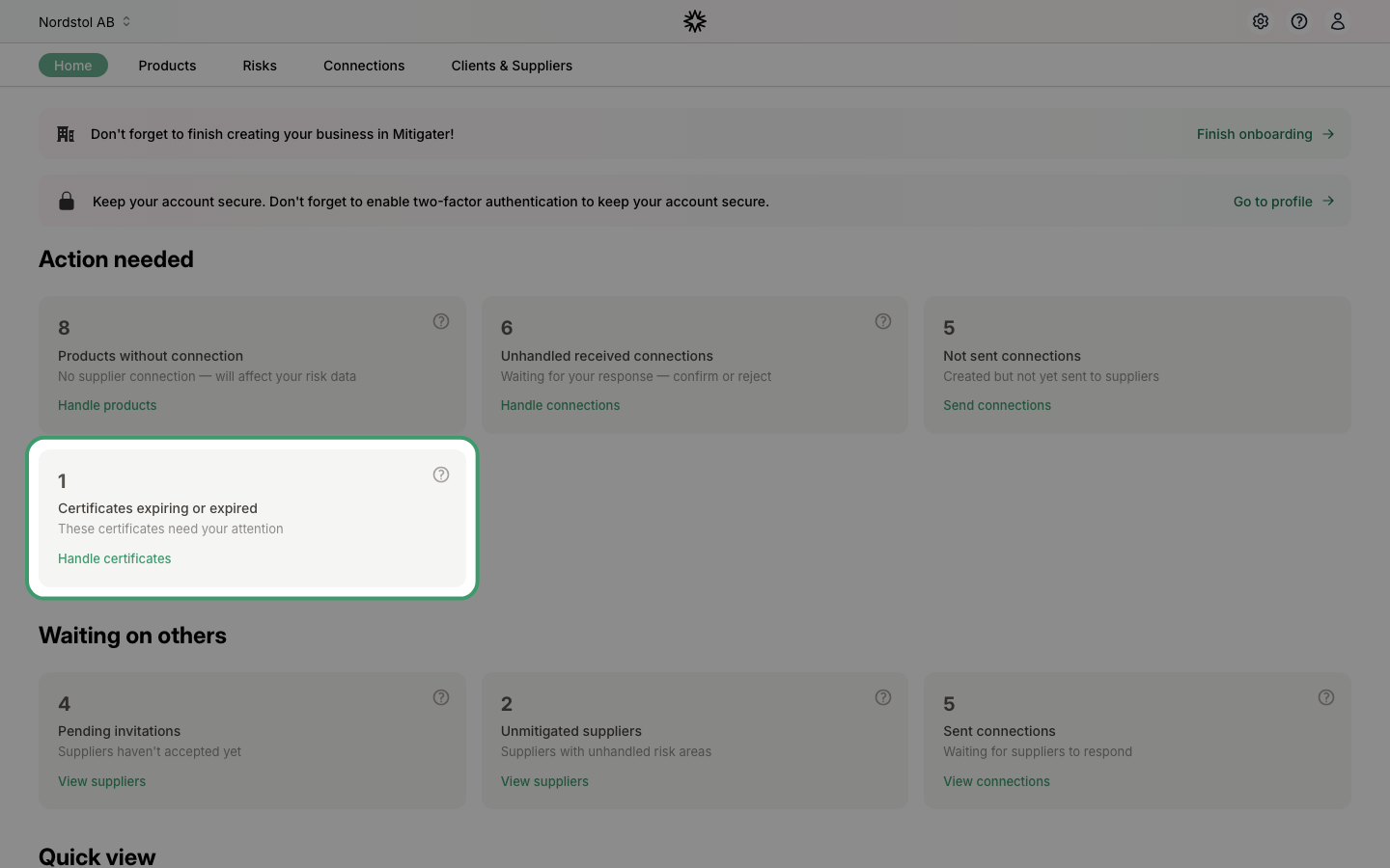 Dashboard showing certificate expiration notification
