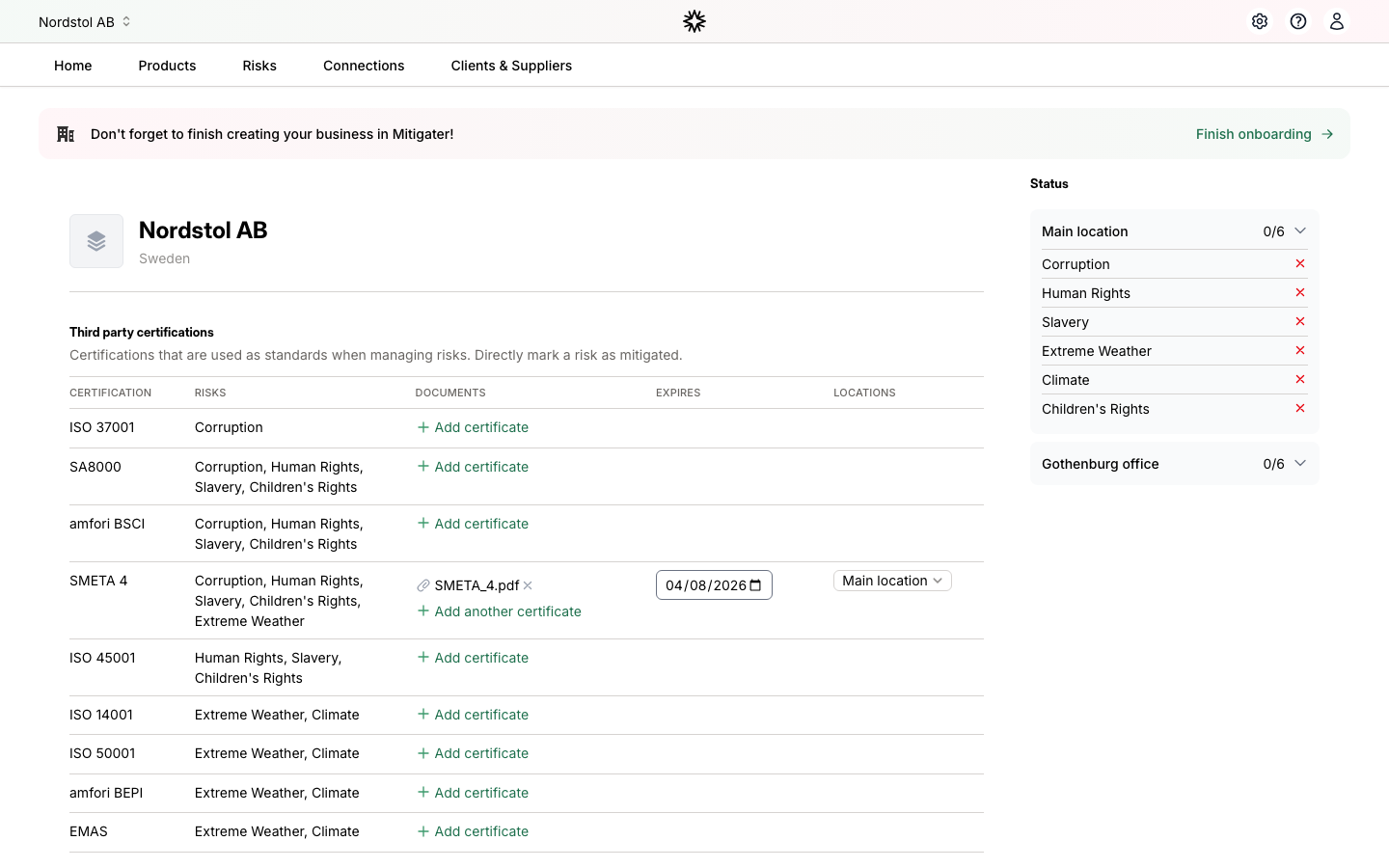 Certificates page showing certification types and risk status sidebar