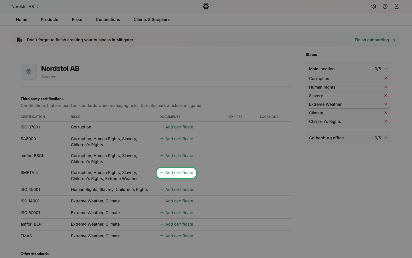 Add certificate button highlighted on the SMETA 4 row