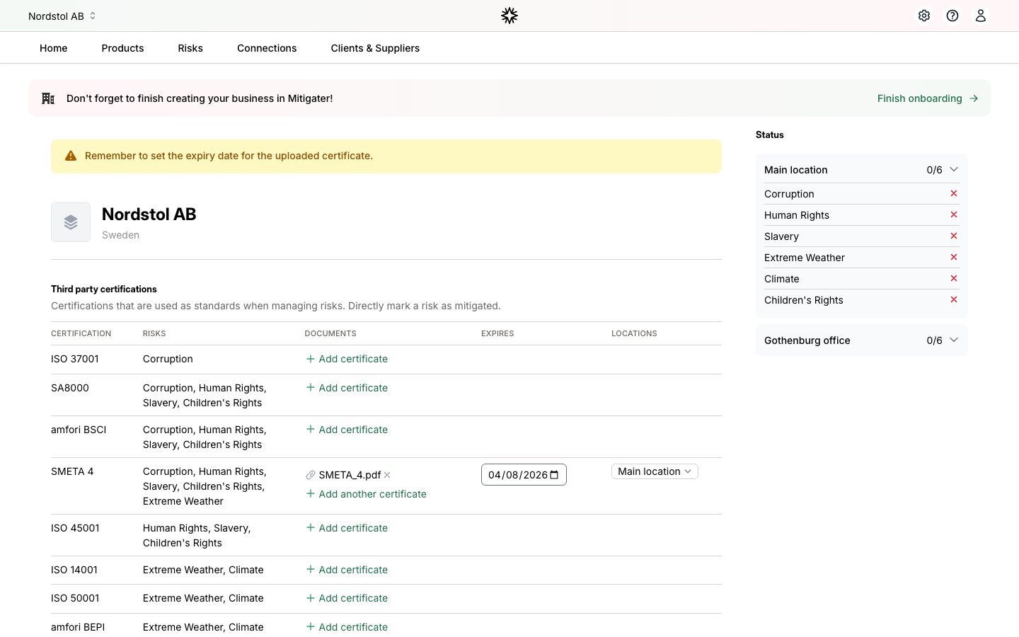 Uploaded certificate with expiry date reminder banner
