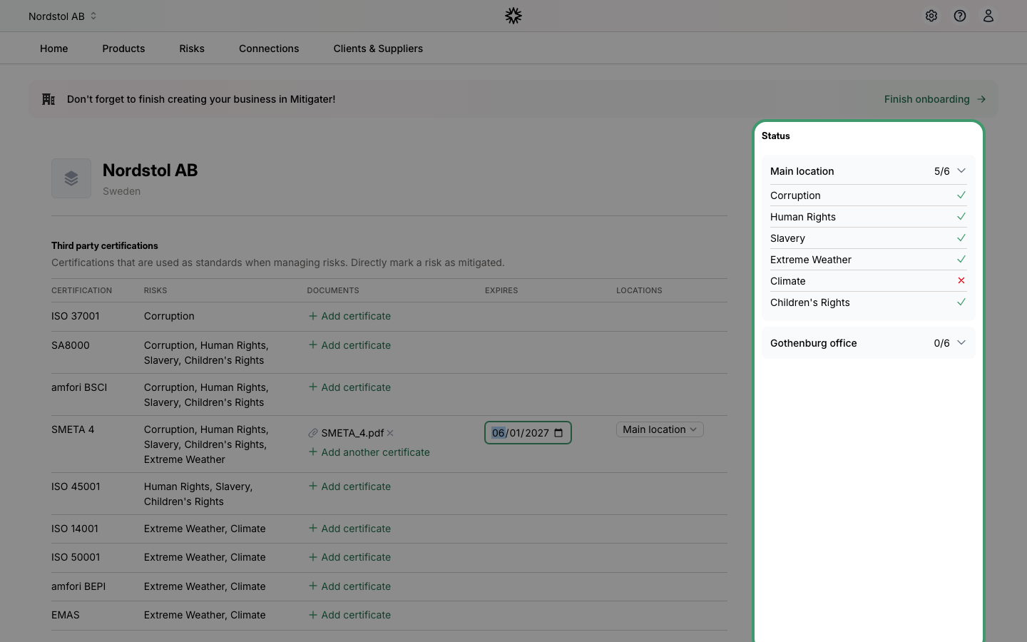 Status sidebar highlighted showing 5 of 6 risks mitigated with green checkmarks
