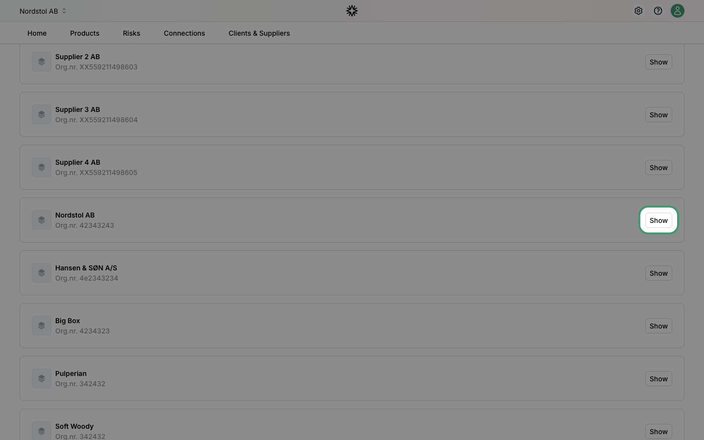 Companies section with Show button for Nordstol AB