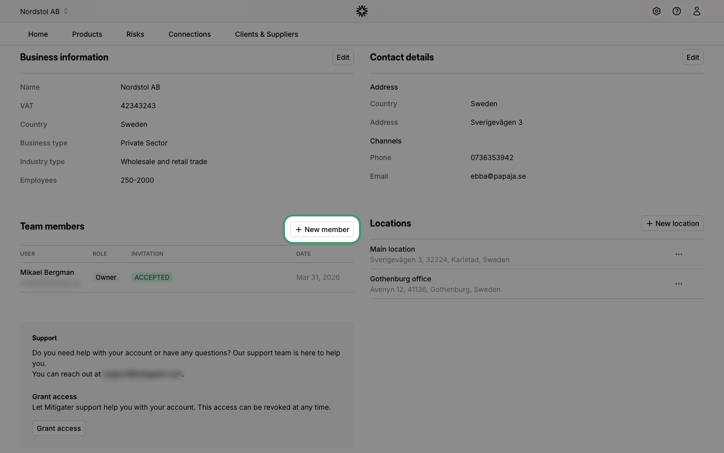 New member button in the Team members section