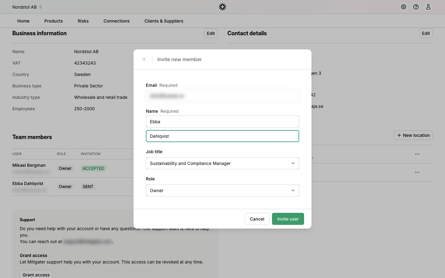 Invite new member form filled in with email, name, job title and role
