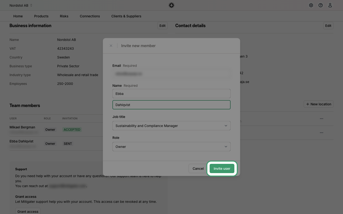Invite user button highlighted