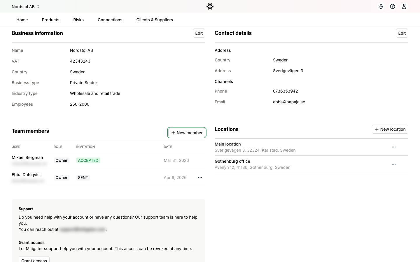 Team members list showing the new member with SENT status