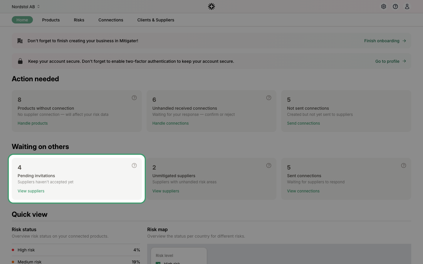 Dashboard showing pending invitations card under Waiting on others