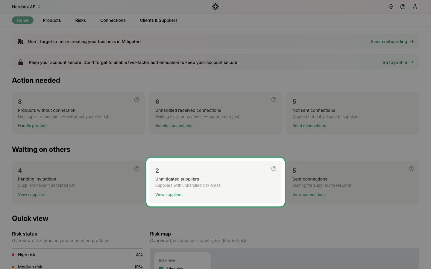 Dashboard showing unmitigated suppliers card under Waiting on others