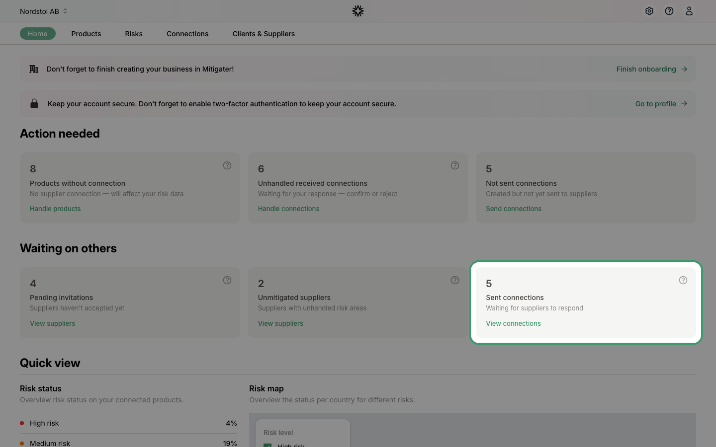 Dashboard showing sent connections card under Waiting on others