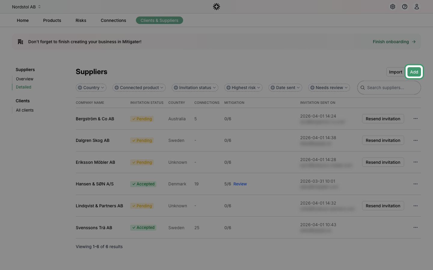 Suppliers list with the Add button highlighted