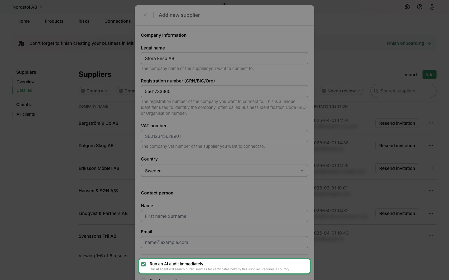 Add supplier form filled in with Run an AI audit immediately checkbox highlighted