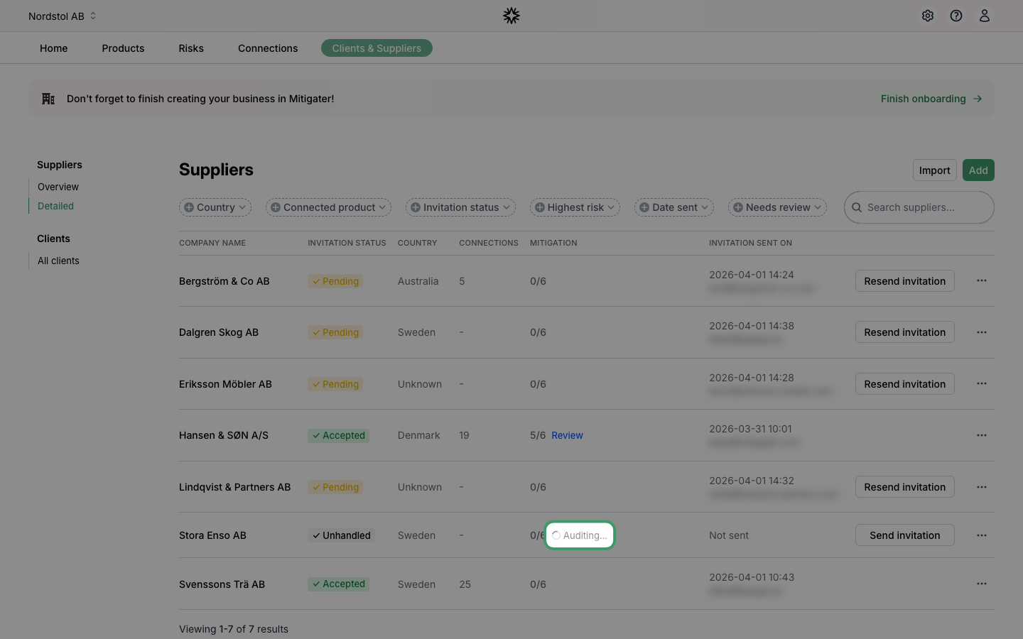 Suppliers list with the Auditing indicator on Stora Enso AB highlighted