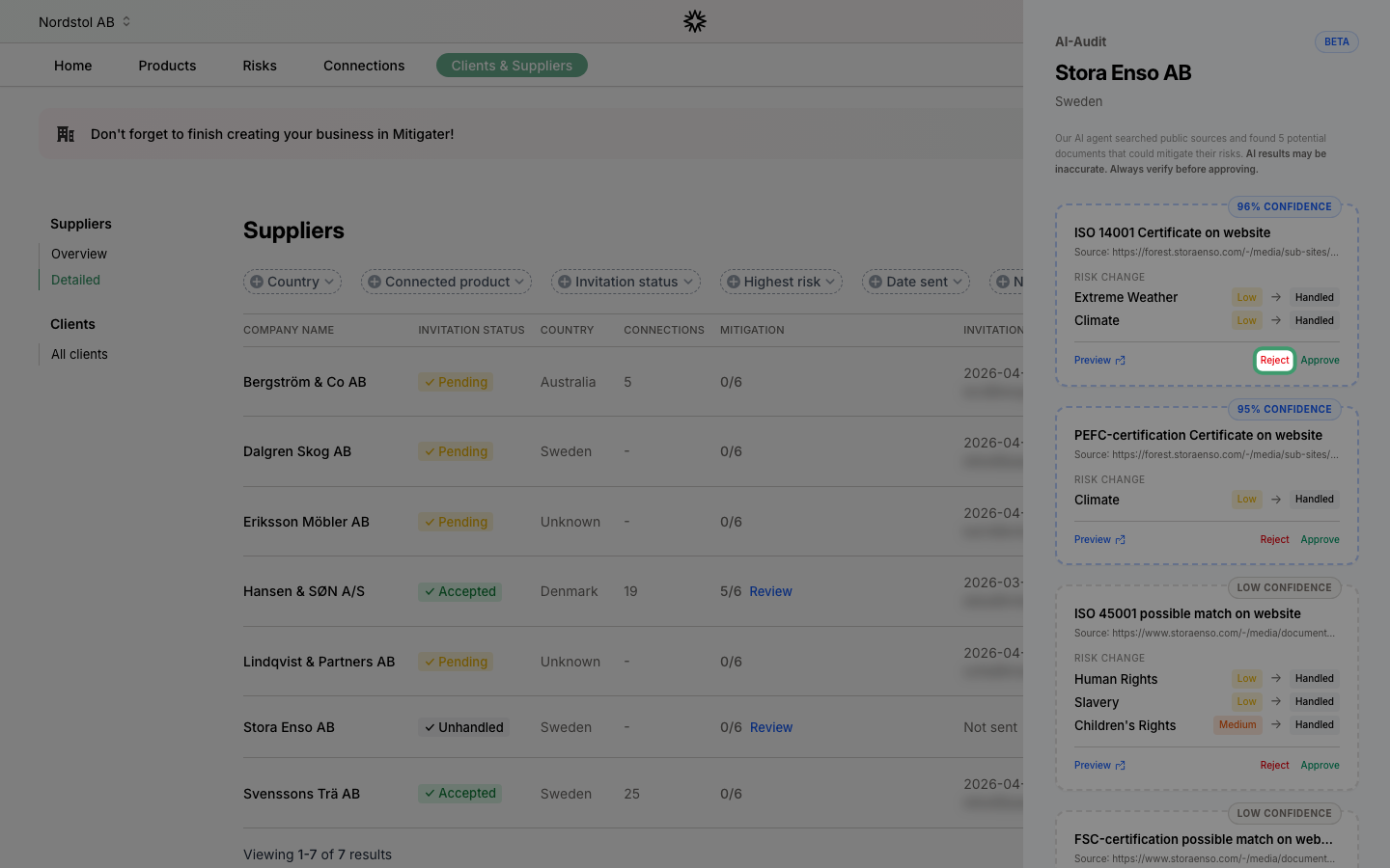 Reject button on an AI audit result card